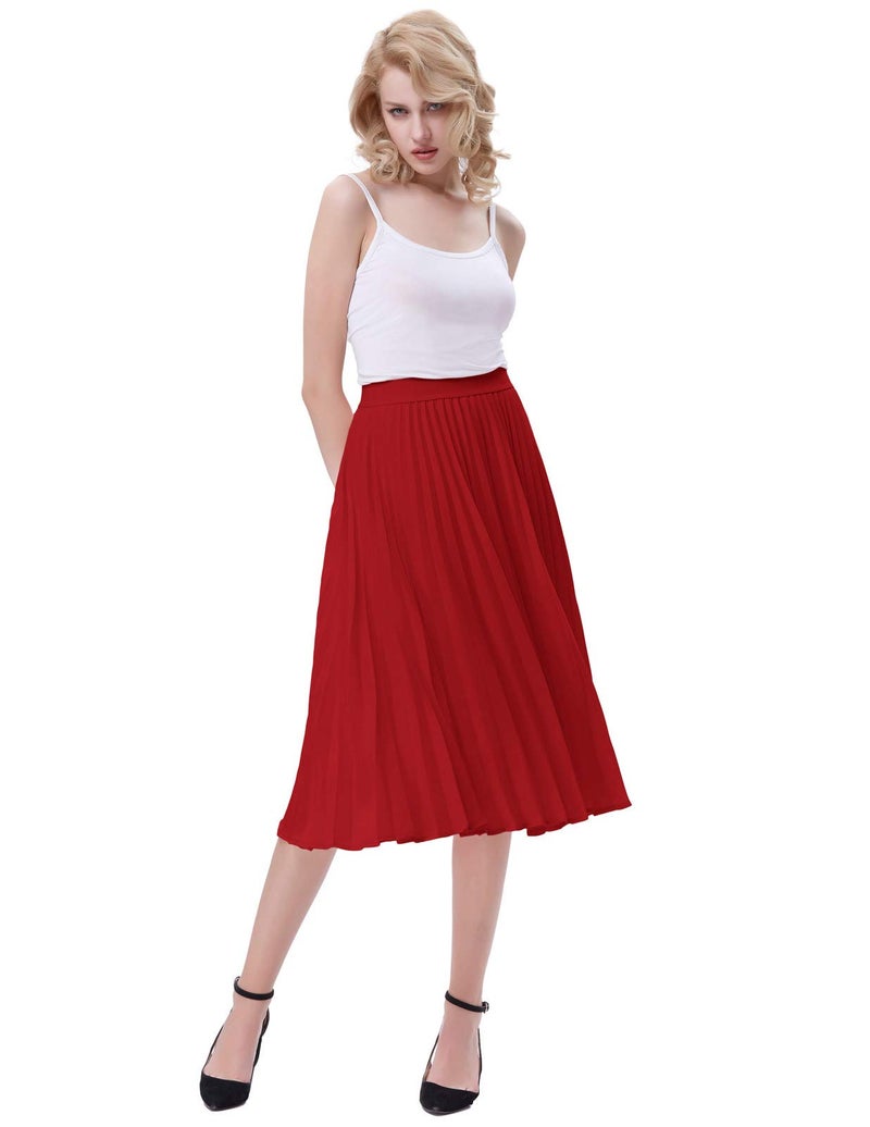 Kate Kasin Pleated Flared Elastic Skater Skirt Solid Tea Length Red Size M KK659-4 - Image 4